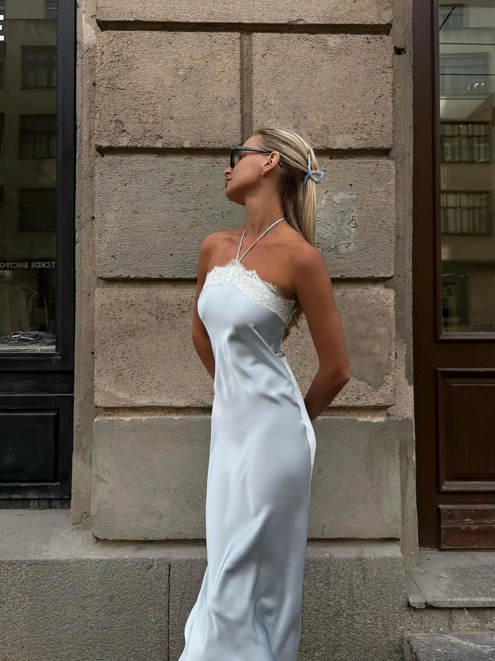 Elegant Blue Satin Maxi Dress With Lace Trim