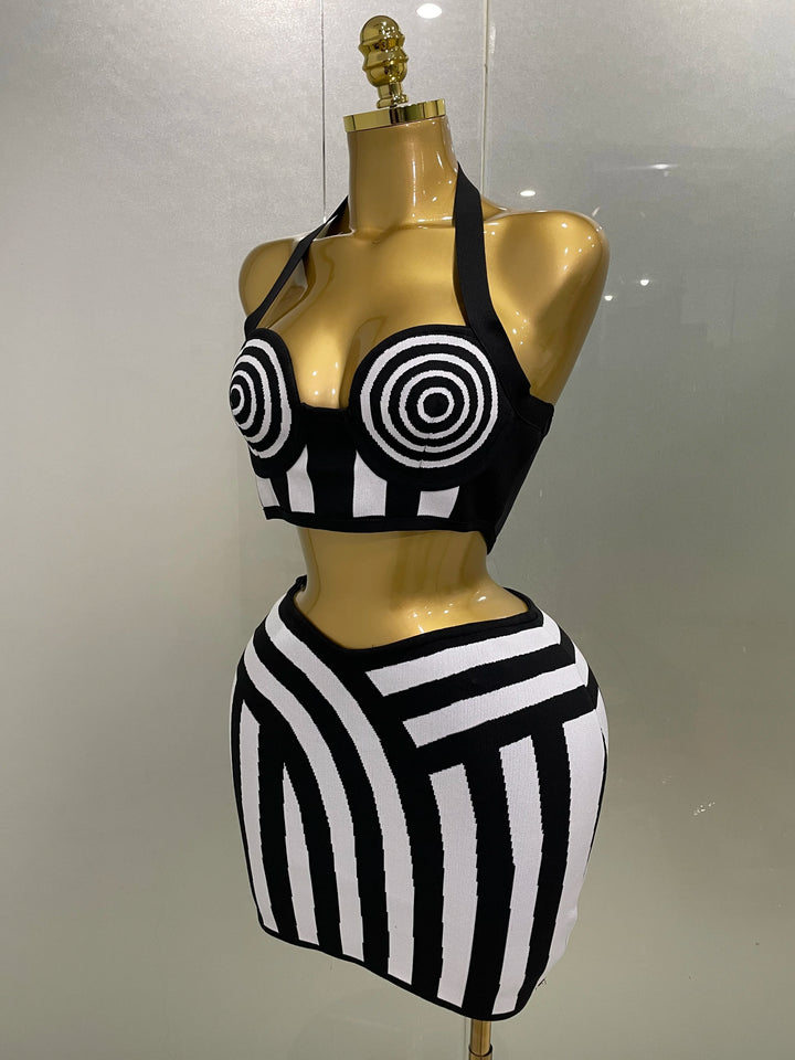 2025 Women Two Piece Striped Jacquard Bandage Set