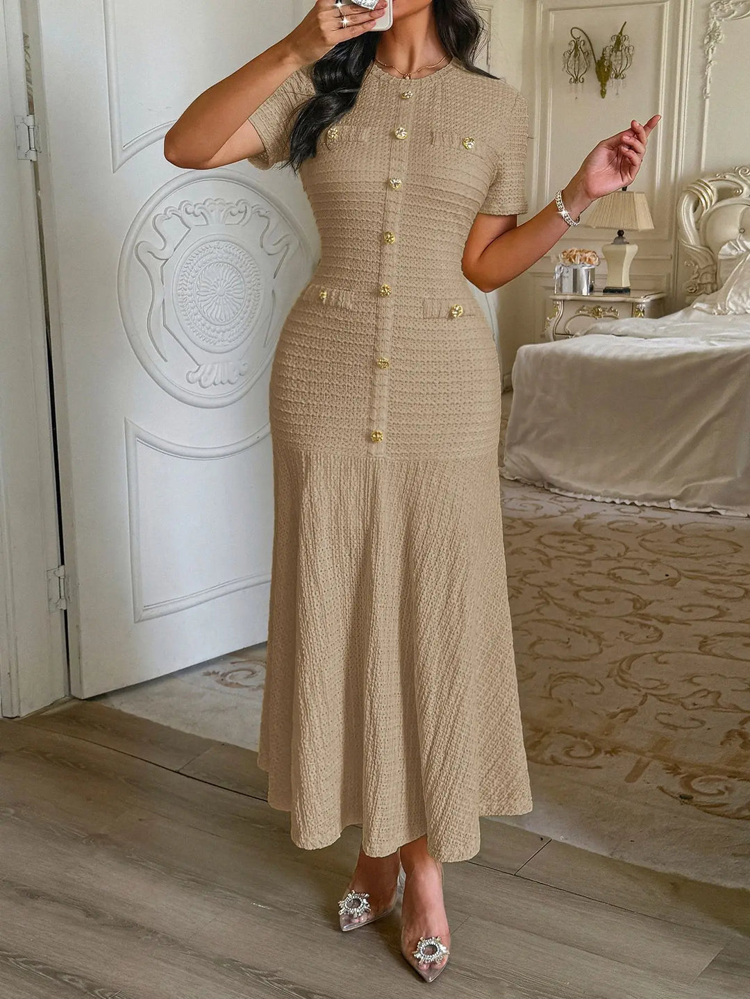 Shuangfuxiang Gold Button A Line Dress