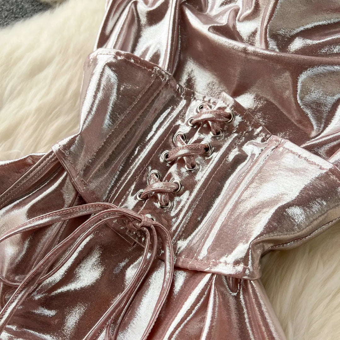 SINGREINY Spaghetti Strap Split Long Dress 2025 Ladies Fake Leather Lace Up Bodycon Sundress Y2K Hotsweet Shiny Slim Party Dress