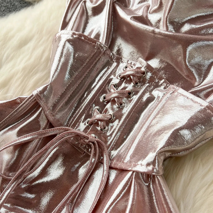 SINGREINY Spaghetti Strap Split Long Dress 2025 Ladies Fake Leather Lace Up Bodycon Sundress Y2K Hotsweet Shiny Slim Party Dress
