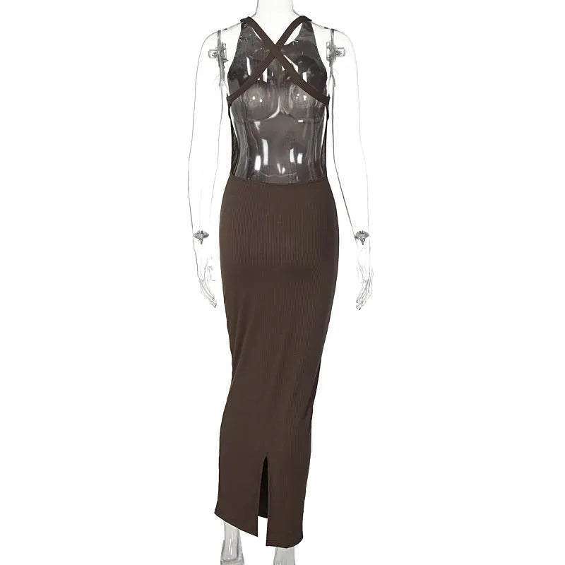 Hugcitar Ribbed Solid Hollow Out Backless Sleeveless Sexy Slit Mini Dress Bodycon 2025 Spring Women Outfits Elegant Party Y2K