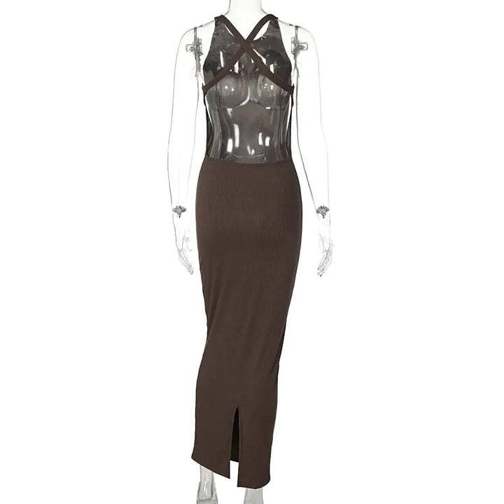 Hugcitar Ribbed Solid Hollow Out Backless Sleeveless Sexy Slit Mini Dress Bodycon 2025 Spring Women Outfits Elegant Party Y2K