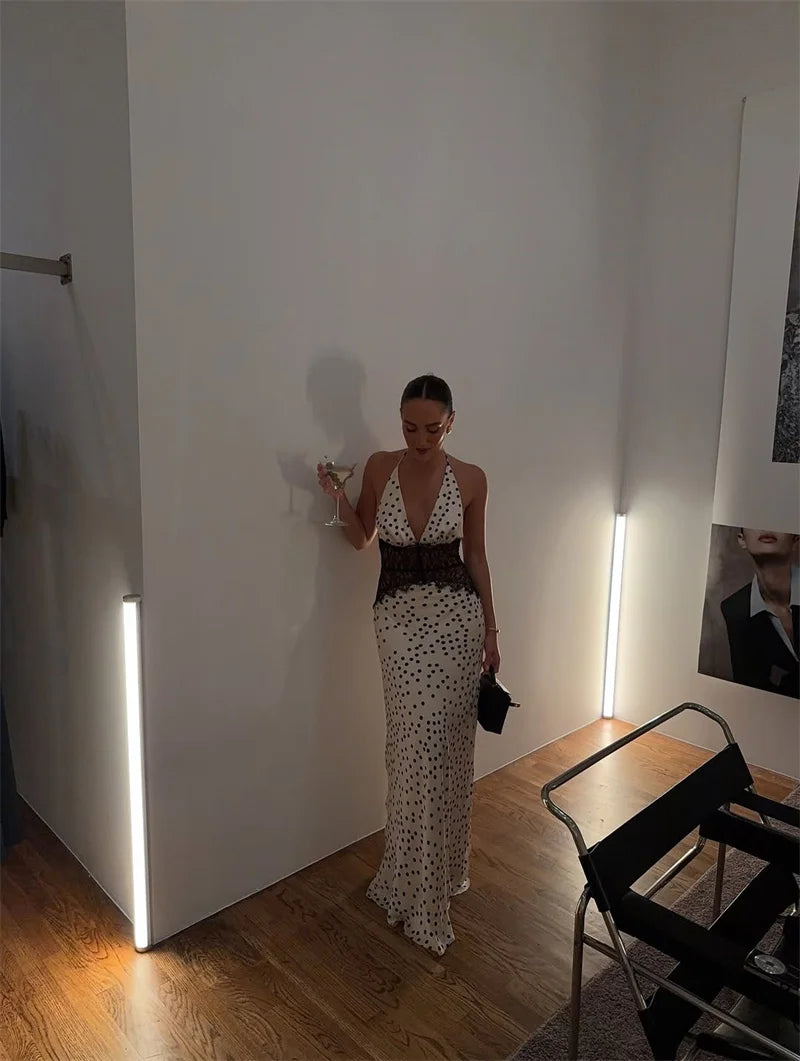 Elegant Polka Dot Lace Maxi With Backless V Neck