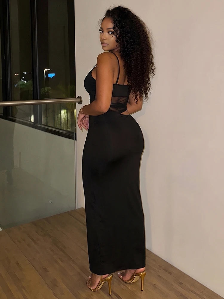 Sexy Mesh Patchwork Maxi Dress Women Backless Bodycon
