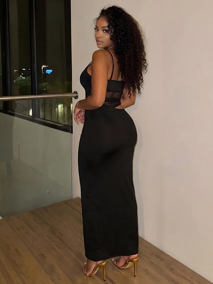 Sexy Mesh Patchwork Maxi Dress Women Backless Bodycon
