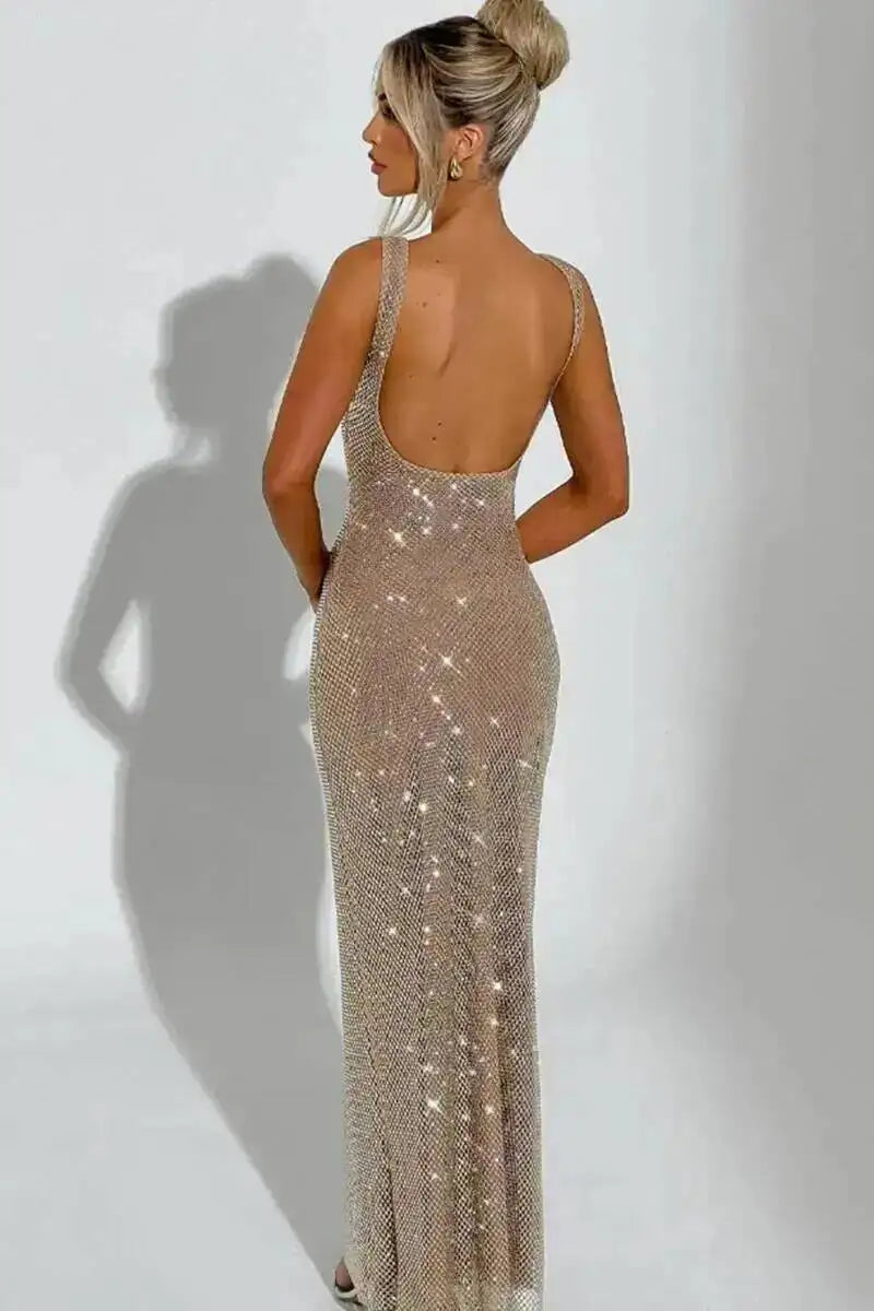 Sleeveless Sequined Mesh Maxi Dress Bodycon