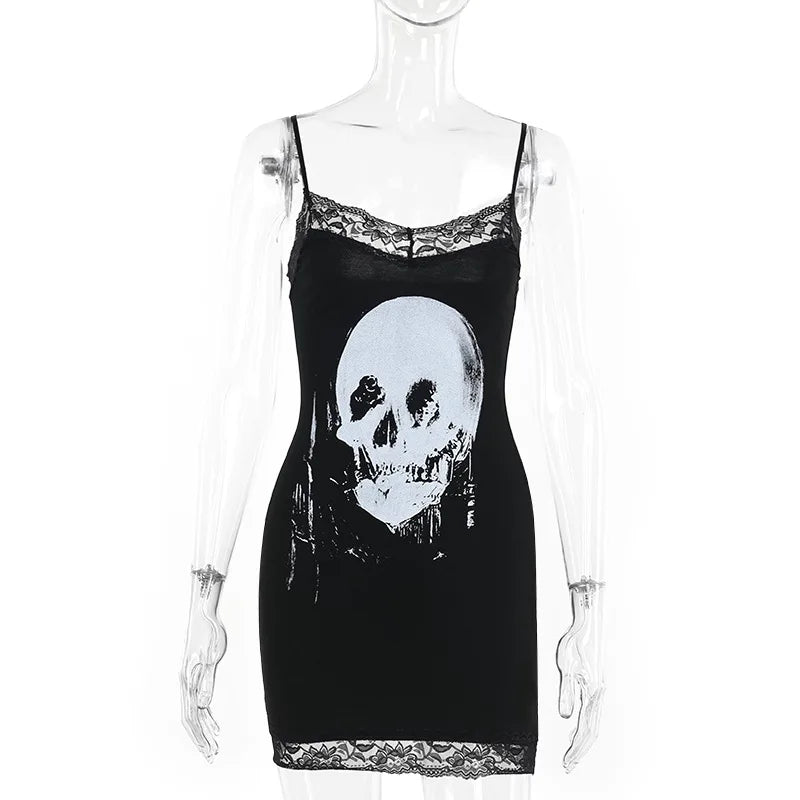 Goth Anime Skull Print Mini Dress For Street Style