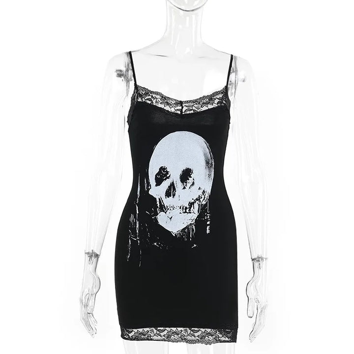Goth Anime Skull Print Mini Dress For Street Style