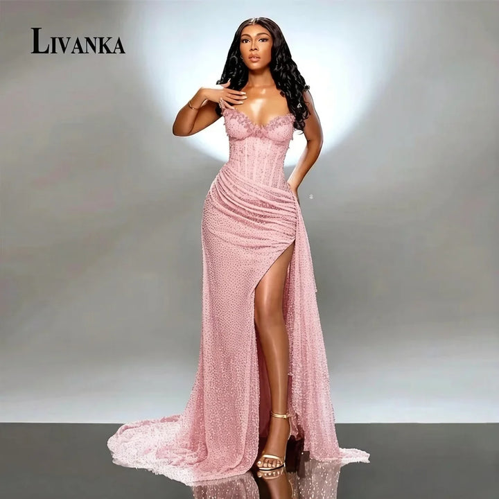 Livanka Sweetheart Mermaid Evening Dress Side Split High Waist Prom Gown With Beading