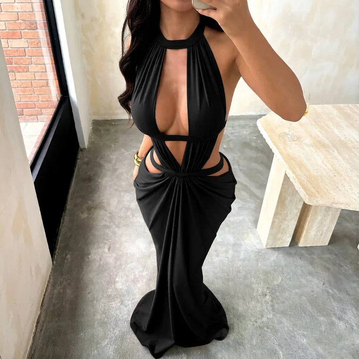 Elegant Khaki Halter Backless Maxi Party Dress