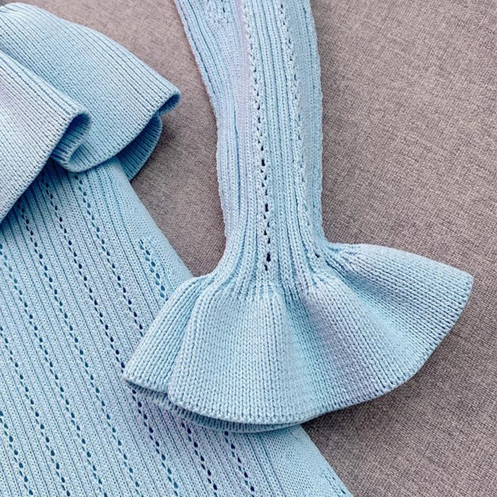 YuooMuoo Knit Maxi Dress V Neck Ruffles Slim Waist