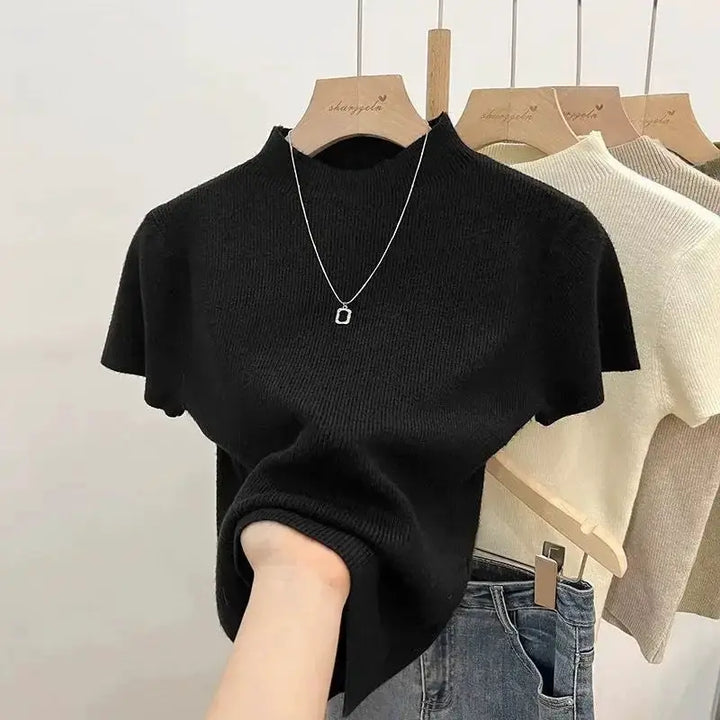 Basic Turtleneck Solid Thin Summer 2026 Pullover Women Female Knitted Sweater Slim Short Sleeve Bodycon Sweater