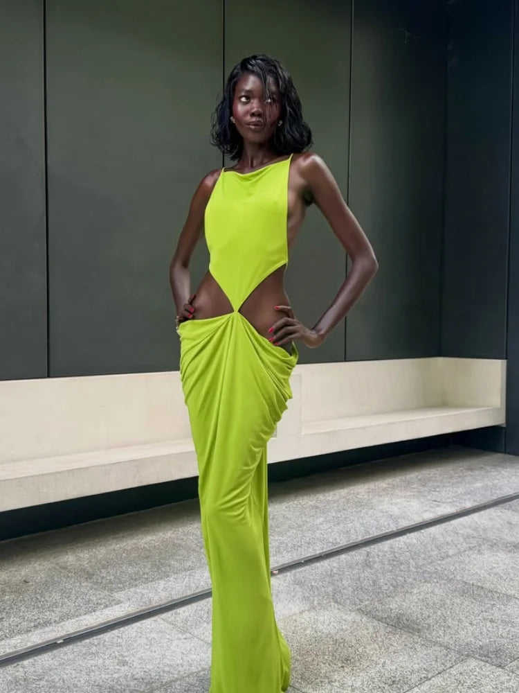 Sexy Green Hollow-out Maxi Dress Women Fashion Sleeveless Backless Pleated Slim Female Dresses Summer Party Evening Robe 2026