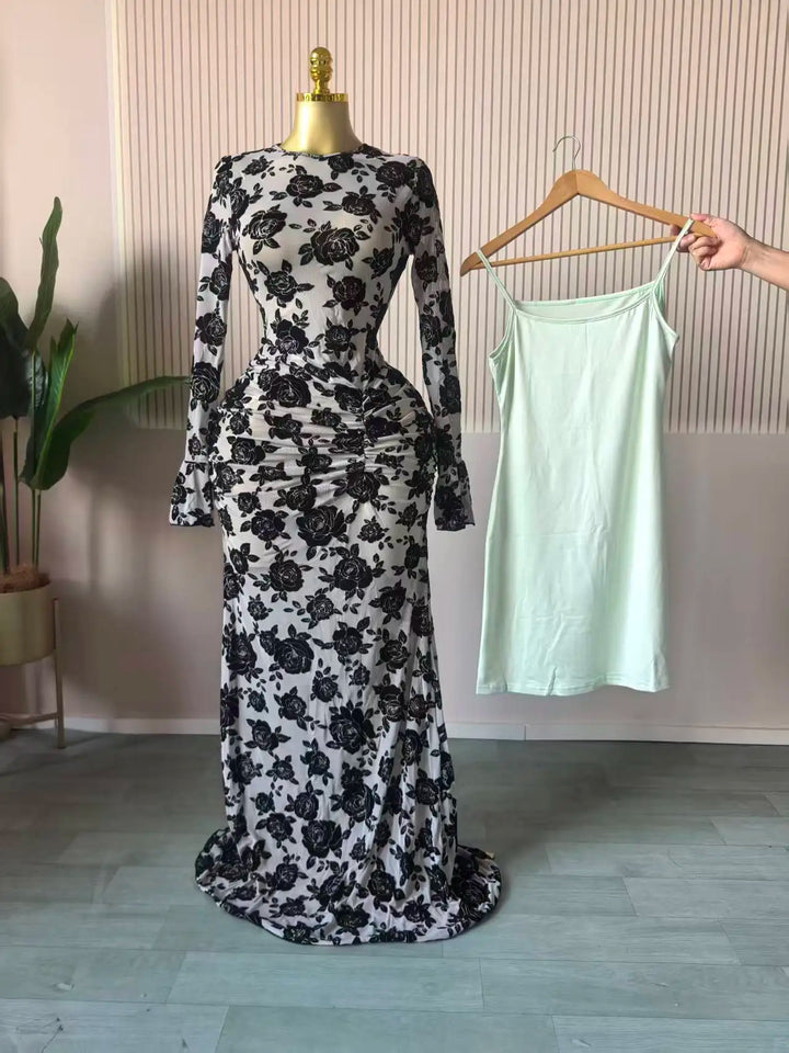 Elegant Sheer Mesh Evening Gown Long Sleeve Formal