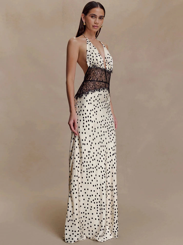 Polka Dot Backless Maxi Dress Women Halter V Neck