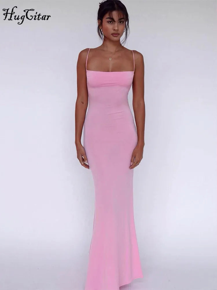 Y2K Solid Sleeveless Backless Bodycon Maxi Dress