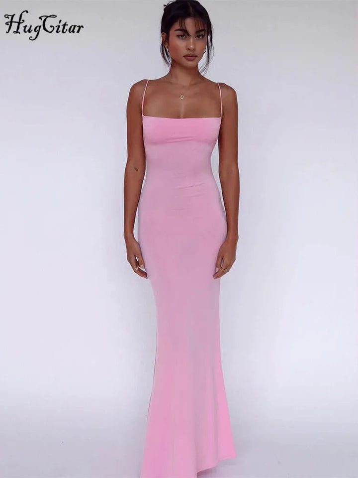 Y2K Solid Sleeveless Backless Bodycon Maxi Dress