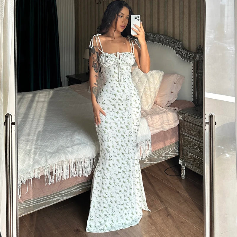 Floral Sleeveless Backless Lace Up Bodycon Maxi