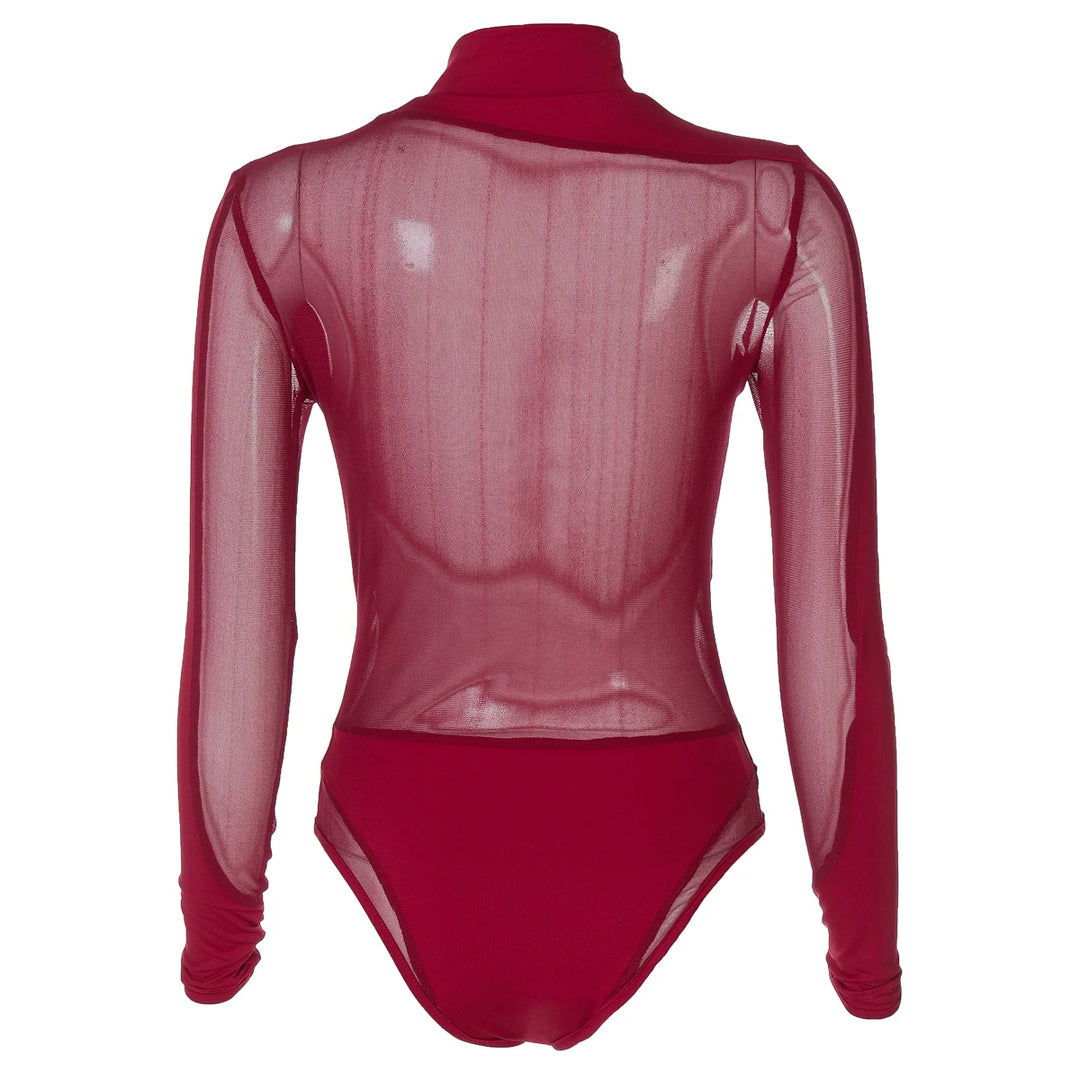 Hugcitar Black Turtleneck Sheer Bodysuit For Women