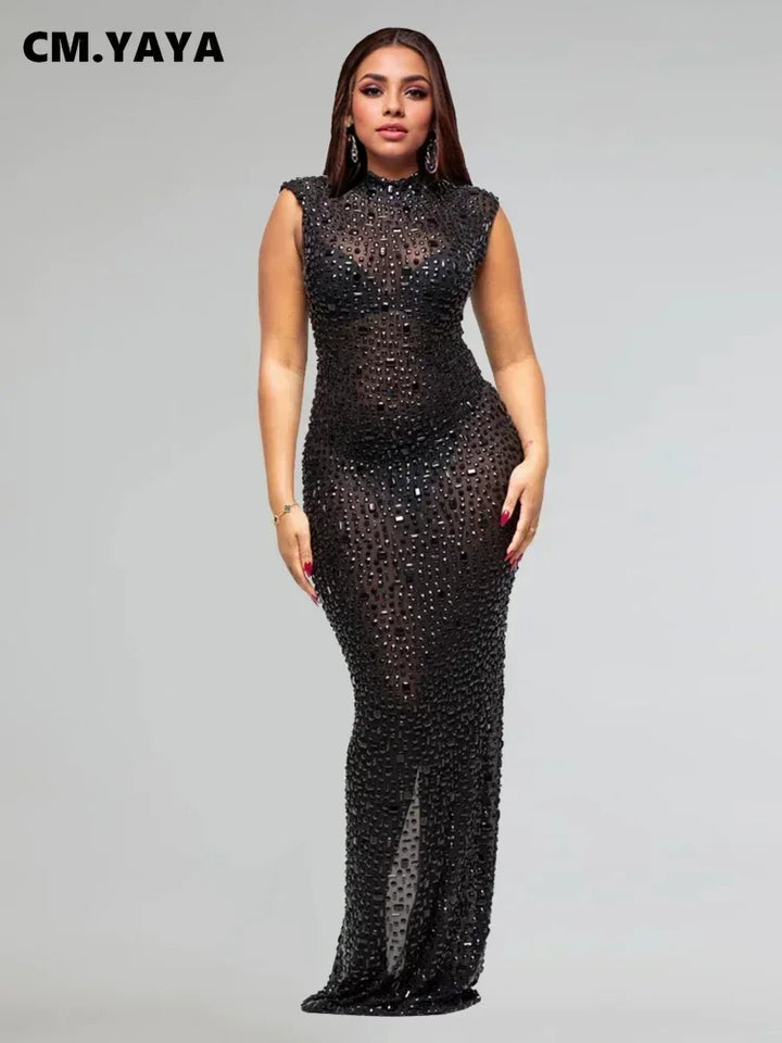 Diamonds Rhinestones O Neck Sleeveless Maxi Dress