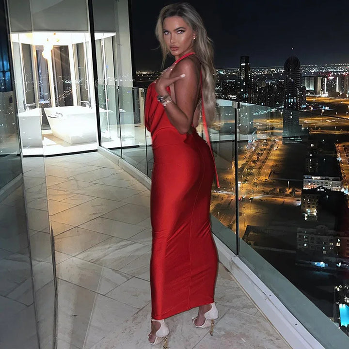 Elegant Backless Halter Midi Dress Premium Knit