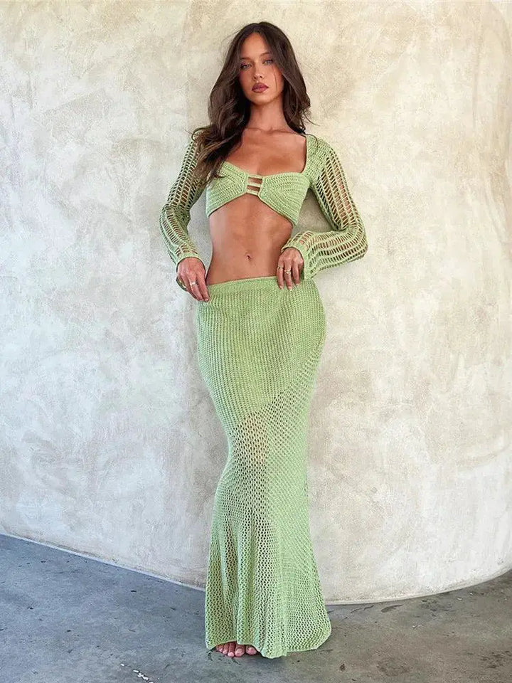 Womens Crochet Knit 2 Piece Set Backless Crop Top Skirt