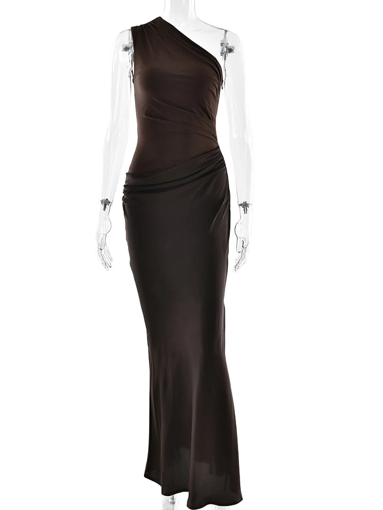 JULISSA MO Brown Satin One Shoulder Maxi Dress