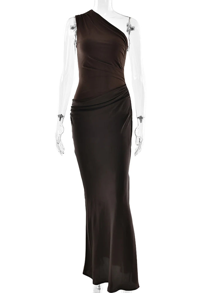 JULISSA MO Brown Satin One Shoulder Maxi Dress