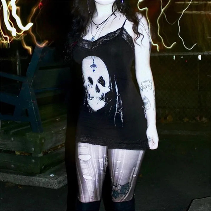 Goth Anime Skull Print Mini Dress For Street Style