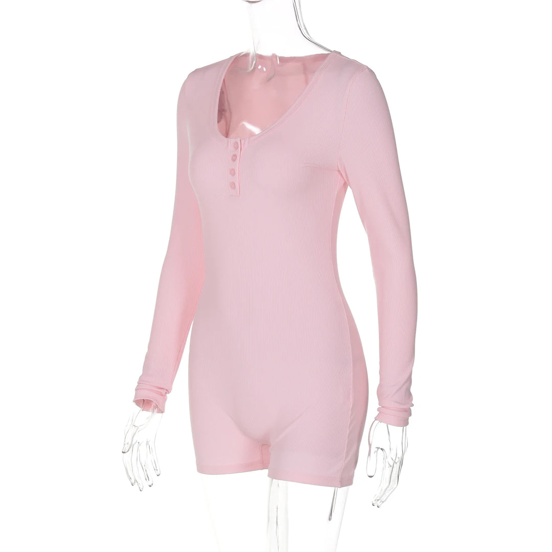 Stylish Ribbed Knit Bodycon Playsuit With Buttons