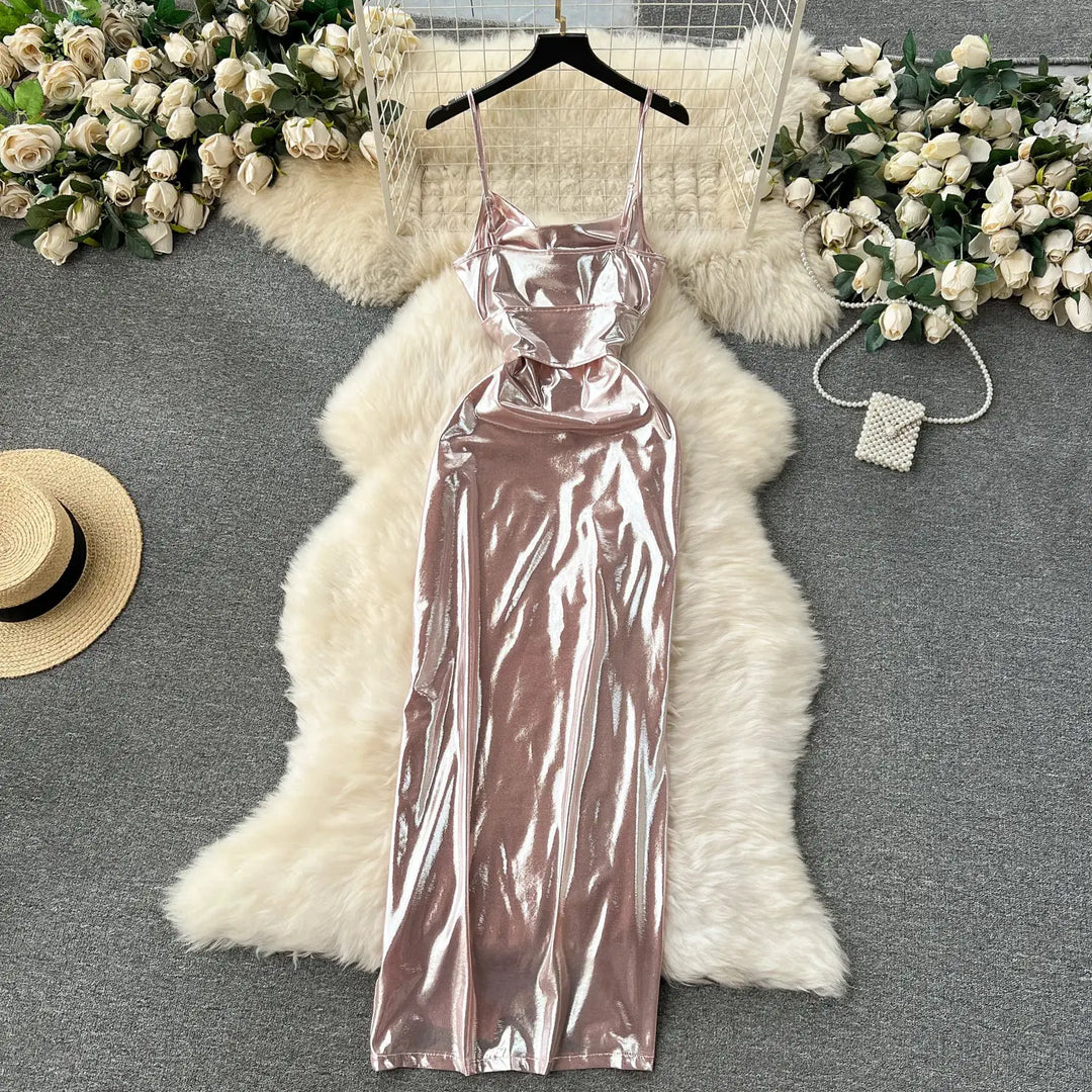 SINGREINY Spaghetti Strap Split Long Dress 2025 Ladies Fake Leather Lace Up Bodycon Sundress Y2K Hotsweet Shiny Slim Party Dress