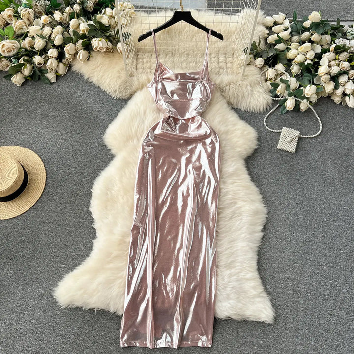 SINGREINY Spaghetti Strap Split Long Dress 2025 Ladies Fake Leather Lace Up Bodycon Sundress Y2K Hotsweet Shiny Slim Party Dress