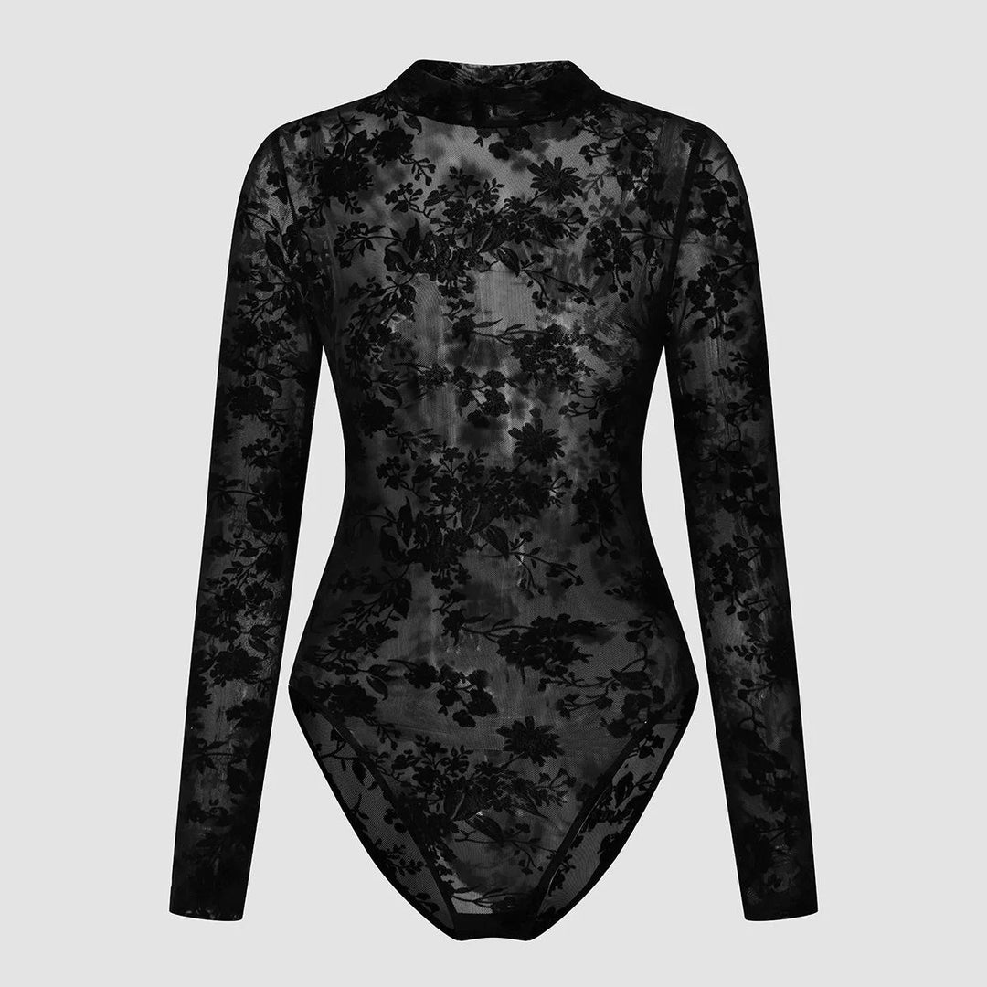 Stylish Black Floral Mesh Bodysuit With Long Sleeve For Women