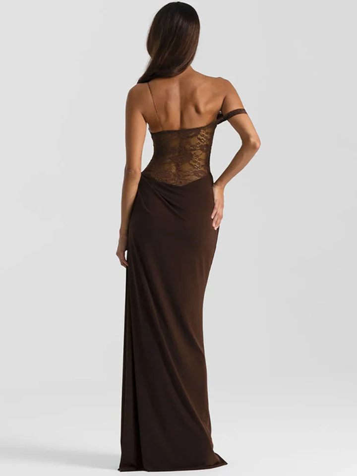 Elegant One Shoulder Lace See Through Sexy Maxi Dress