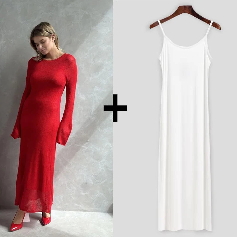 Elegant Elastic Knit Long Dress For Women Soft Chic O-Neck Sweater