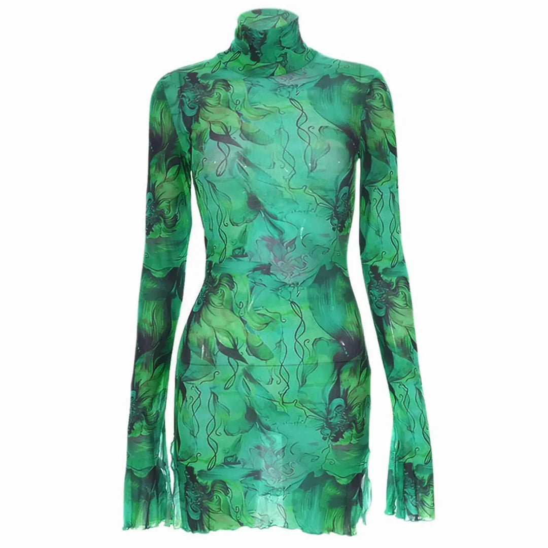 Ladies Mesh Printed Y2k Vintage Dress High Street Slim Elastic Bodycon Party Dress Round Neck Bell Sleeve Side Open Hip Dresses