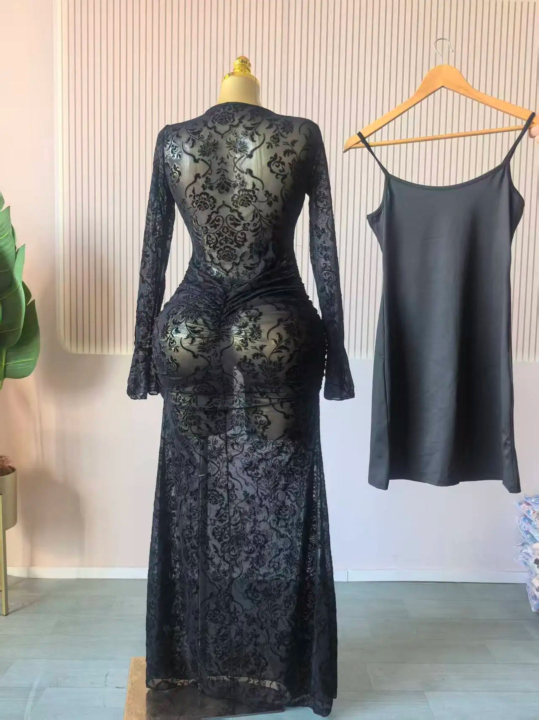 Elegant Sheer Mesh Evening Gown Long Sleeve Formal