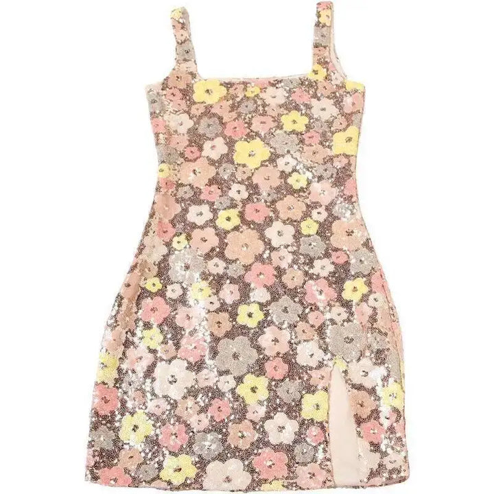 Elegant Floral Sequin Mini Dress With Spaghetti
