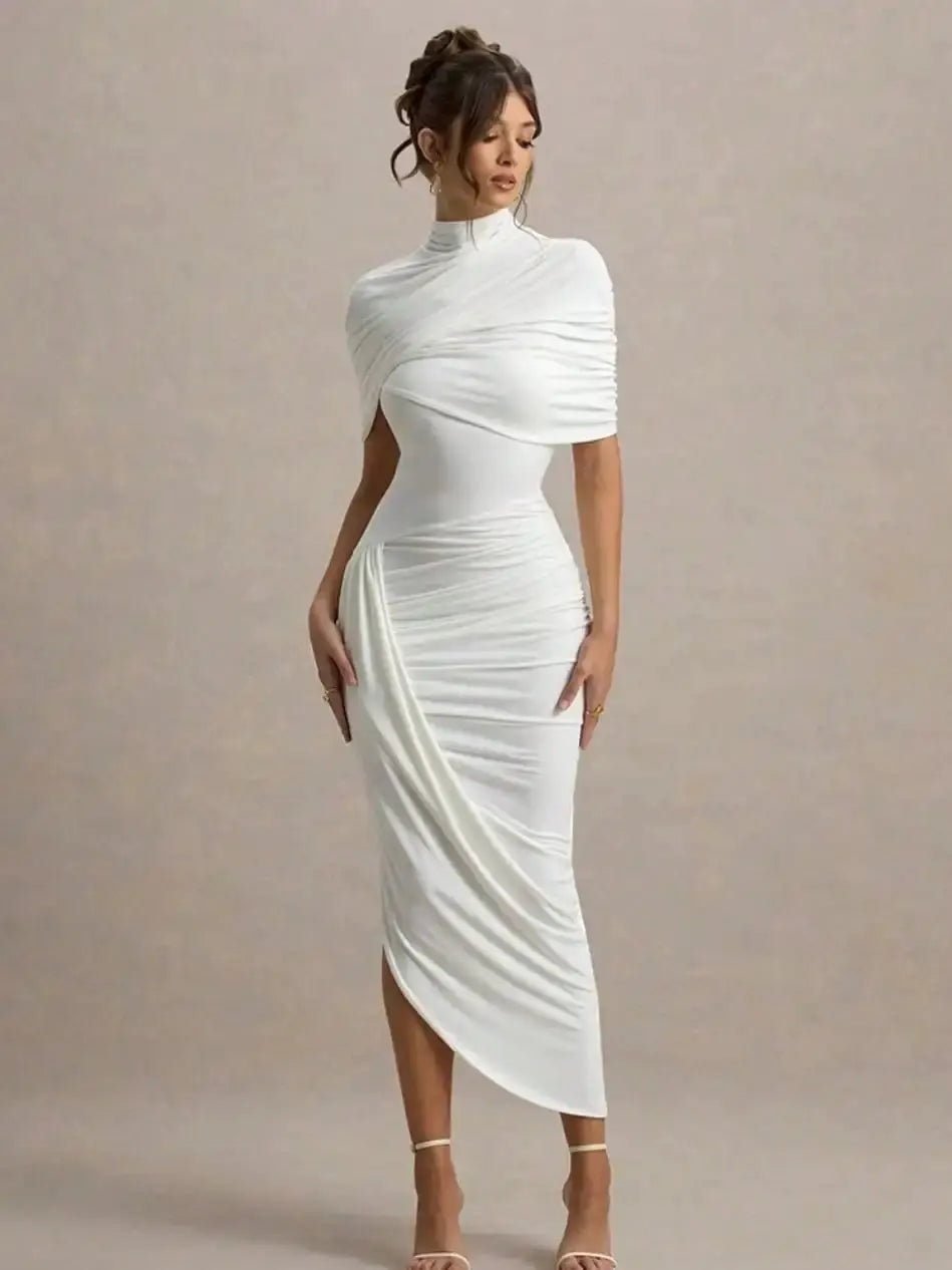 Ruched Bodycon Midi Dress Women Backless Shawl Sleeve Elegant Party Gown