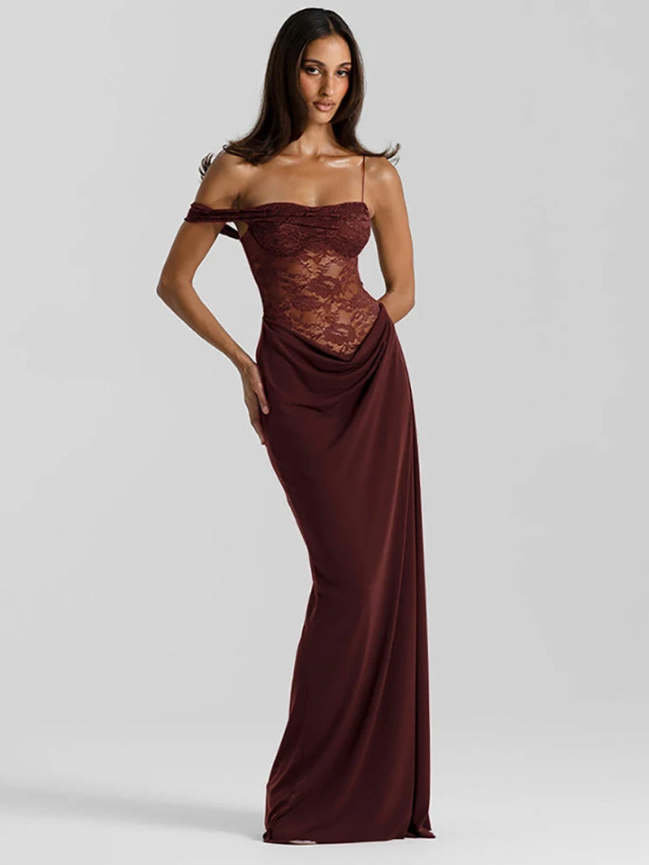 Elegant One Shoulder Lace See Through Sexy Maxi Dress