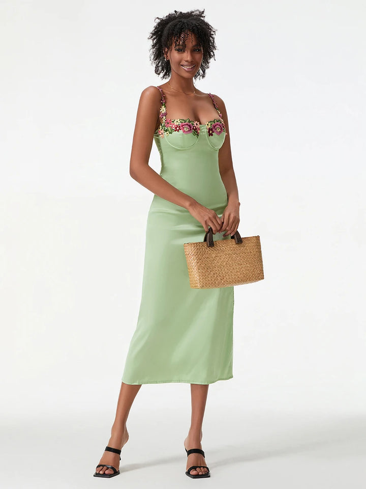 Luxury Satin Flower Embroidery Evening Gown