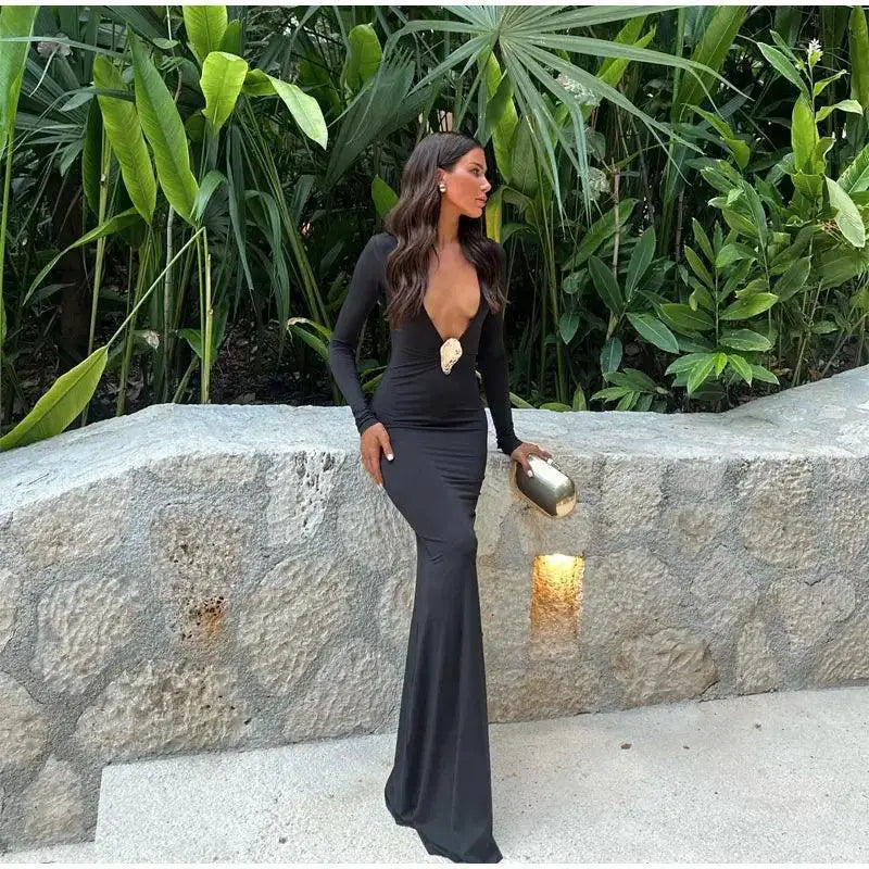 Black V Neck Maxi Dress Bodycon For Women Everyday Wear