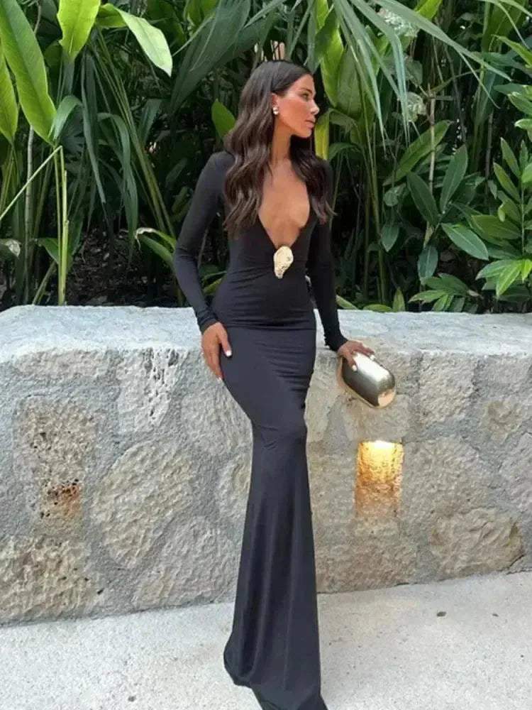 Black V Neck Maxi Dress Bodycon For Women Everyday Wear