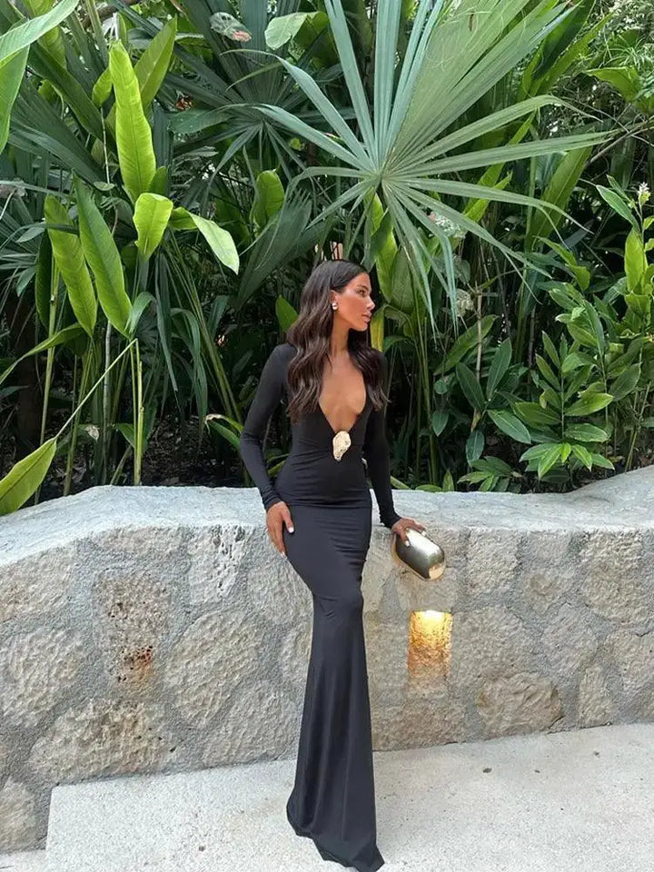 Black V Neck Maxi Dress Bodycon For Women Everyday Wear