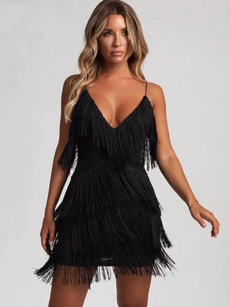 Deep V Neck Fringe Bodycon Dress Gatsby Latin Club Charm