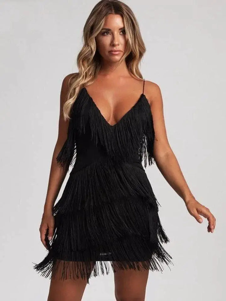 Deep V Neck Fringe Bodycon Dress Gatsby Latin Club Charm