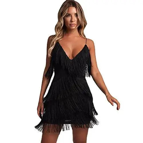 Deep V Neck Fringe Bodycon Dress Gatsby Latin Club Charm
