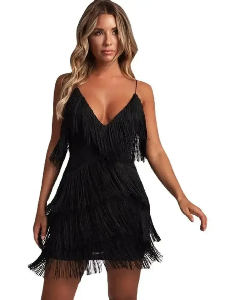 Deep V Neck Fringe Bodycon Dress Gatsby Latin Club Charm