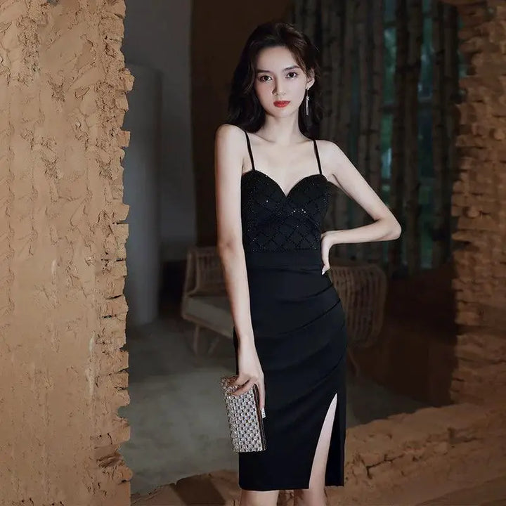 Elegant Crystal Beaded Mini Dress For Evening Wear